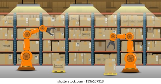 Warehouse interior with robot arms working flat design vector illustration