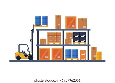 Warehouse Interior, Shelves with Cardboard Boxes and Forklift Flat Style Vector Illustration Isolated on White Background