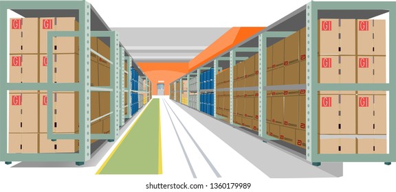 warehouse interior with shelves, pallets and boxes