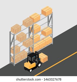 Warehouse interior with shelves, pallets, forklift and boxes.  Logistic Delivery Service Concept 
