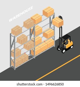 Warehouse interior with shelves, pallets, forklift and boxes.  Logistic Delivery Service Concept 