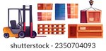 Warehouse interior and storage box with pallet vector set. Forklift for stockroom cartoon icon. Delivery goods and product distribution in cardboard parcel for wholesale business clipart collection