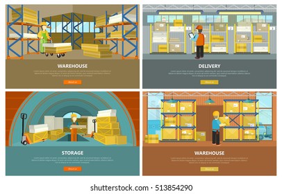 Warehouse interior, storage and delivery banners. Equipment delivery process of warehouse. Logisti and factory building interior, business delivery, logistics, storage cargo illustration.