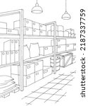 Warehouse interior storage graphic black white interior sketch illustration vector 