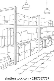 Warehouse interior storage graphic black white interior sketch illustration vector 