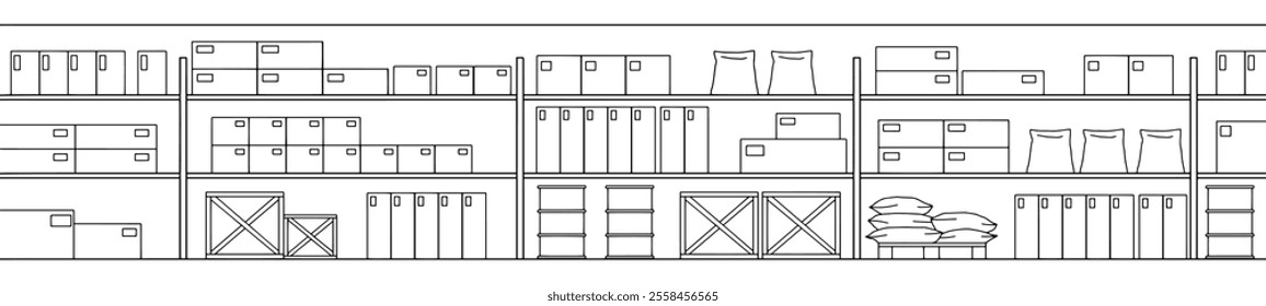 Warehouse interior storage graphic black illustration long vector 