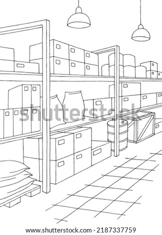 Warehouse interior storage graphic black white interior sketch illustration vector 