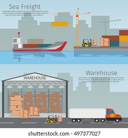 Warehouse interior storage vector set industry and cargo crane wagon truck transport shipping. Shelf logistic industry elements flat banners.