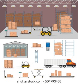 Warehouse interior storage vector set with shipping and delivery, roof and lamps flat illustration Logistic concept wagon truck