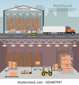 Warehouse interior storage vector set with shipping and delivery roof and lamps flat illustration Logistic concept wagon truck