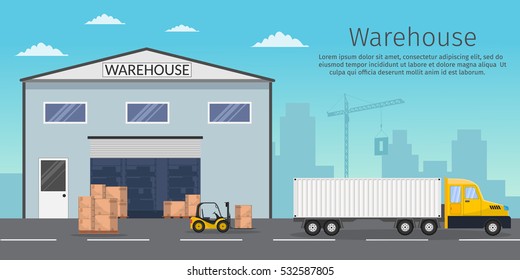 Warehouse interior storage vector set with shipping and delivery, roof and lamps flat illustration Logistic concept wagon export truck