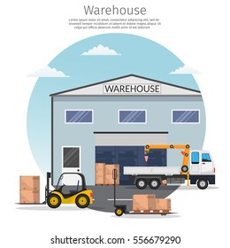 Warehouse interior of storage vector set with shipping and delivery, roof and lamps flat illustration Logistic concept export truck