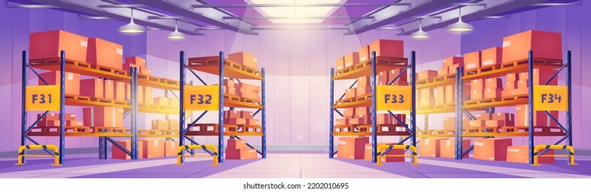 Vista interior de almacén de almacén de almacén, racks llenos de cajas en paletas, equipo para almacenamiento de productos de stock. Logística, entrega de carga y mercancías, servicio postal, Caricatura. Ilustración 3D