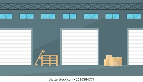 Warehouse interior with three roller shutters, pallets and boxes. Logistics company. Rent.