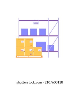 Warehouse interior vector illustration in flat design. Warehouse racks with stack boxes on pallet. Element for warehouse storage, global logistic industry, delivery service, package boxes on shelf