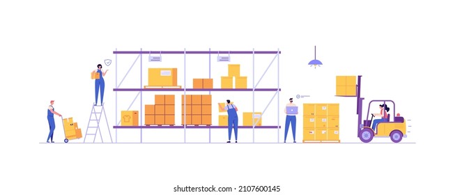 Warehouse interior vector illustration. Worker loader carrying boxes. Warehouse manager checks package. Forklift packaging stack boxes on pallet. Concept of warehouse storage, global logistic industry