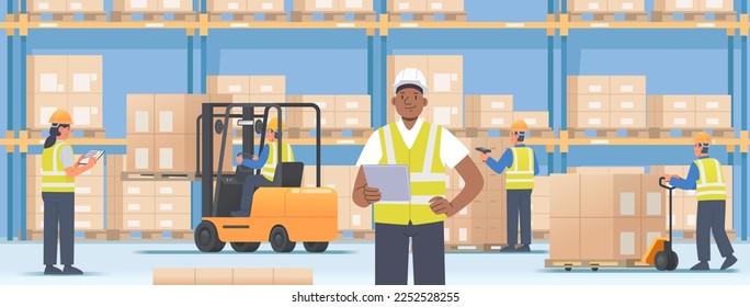 Warehouse interior with workers on the background of racks with boxes of goods on pallets. Forklift operator, manager, movers. Vector illustration in cartoon style