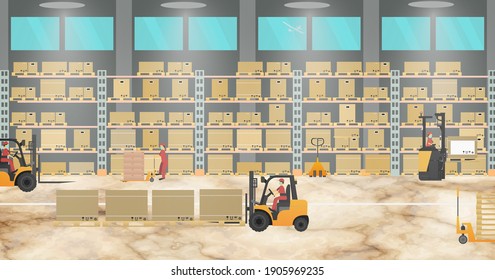 Warehouse interior with workers, racks, hydraulic trolley,forklift, pallet cargo, boxes. Delivery service concept, shipping. Horizontal banner. Stock vector illustration on beige isolated background.