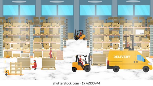Warehouse interior with workers, racks, hydraulic trolley,forklift, pallet cargo, boxes. Delivery service concept, shipping. Horizontal banner. Stock vector illustration on beige isolated background.