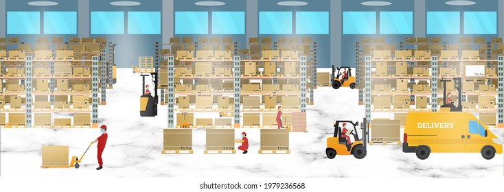 Warehouse interior with workers, racks, hydraulic trolley,forklift, pallet cargo, boxes. Delivery service concept, shipping. Horizontal banner. Stock vector illustration on beige isolated background.