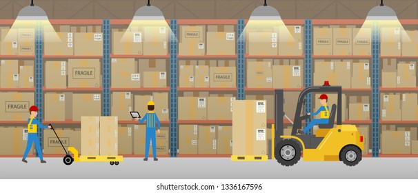 Warehouse Interior Workers Working Flat Design Stock Vector (Royalty ...