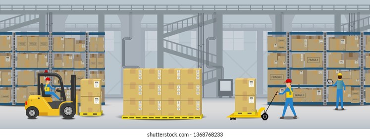 Warehouse interior with workers working flat design vector illustration