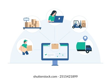 Sistema e tecnologia de controle de inventário de depósito. Destaque para sistemas avançados de gerenciamento de estoque, rastreamento e logística. Ilustração