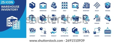 Warehouse inventory icon set collection in flat style. Icon pack contains warehouse, inventory, stock, supply, storage, shelf, pallet, box, package, item