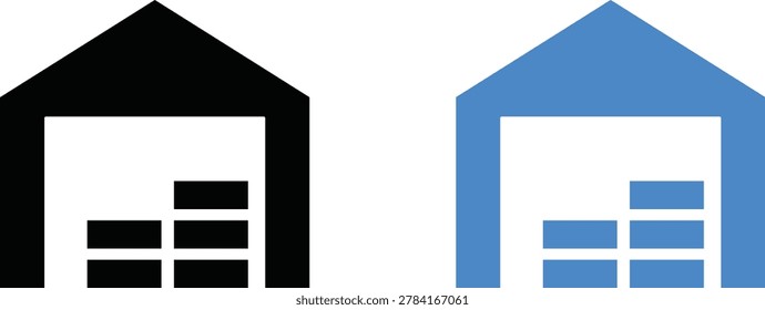 Warehouse inventory icon set. Storage house building with stacked cargo boxes solid glyph vector icons in black and blue colors.