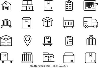 Warehouse Inventory Line Icons Set. Stock Management, Logistics, Storage, Distribution. Vector Illustration. Editable Stroke	