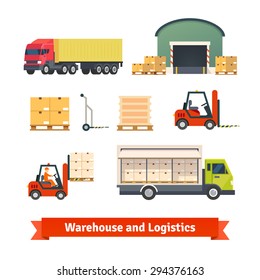 Warehouse inventory, logistics truck loading and goods delivery flat vector icon set.