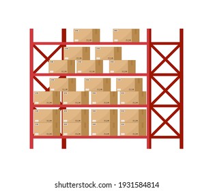 Warehouse inventory with rack and boxes. Shelf for storage of cargo. Stock of wholesale goods in warehouse of logistic. Icon of store, distribution. Merchandise on shelves of factory. Vector.