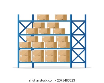 Warehouse Inventory With Rack And Boxes. Shelf For Storage Of Cargo. Stock Of Wholesale Goods In Warehouse Of Logistic. Icon Of Store, Distribution. Merchandise On Shelves Of Factory. Vector.