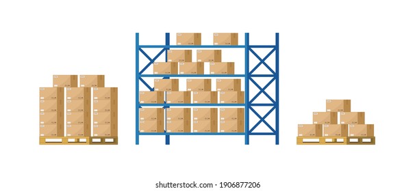 Warehouse Inventory With Rack, Pallet And Boxes. Shelf For Storage Of Cargo. Stock Of Wholesale Goods In Warehouse Of Logistic. Icon Of Store, Distribution. Merchandise On Shelves Of Factory. Vector.
