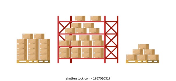 Warehouse inventory with rack, pallet and boxes. Shelf for storage of cargo. Stock of wholesale goods in warehouse of logistic. Icon of store, distribution. Merchandise on shelves of factory. Vector.