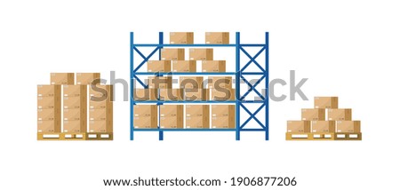 Warehouse inventory with rack, pallet and boxes. Shelf for storage of cargo. Stock of wholesale goods in warehouse of logistic. Icon of store, distribution. Merchandise on shelves of factory. Vector.