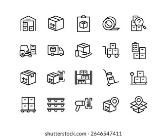 Warehouse Inventory Vector Icon Set | Adjustable Line Weight | Storage, logistics, delivery, packaging, barcode, forklift, shipping, pallet, stock, tracking, management, cargo, supply chain icons
