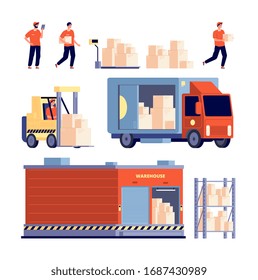 Warehouse. Isolated delivery truck stock unloading, transport. Cargo transportation. Logistic service elements. Service worker vector set