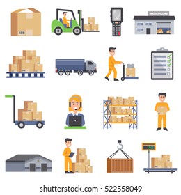 Warehouse isolated flat icons set  of delivery truck shelves with goods scales boxes container and storage workers vector illustration 