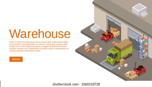 Warehouse isometric 3D vector illustration of storehouse and logistics transport for web site or infographics template. Isometric design of warehouse, forklift loaders trucks with parcels