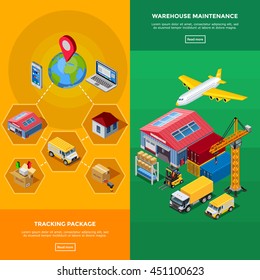 Warehouse isometric banners with stages of tracking package and elements of warehouse maintenance isolated vector illustration