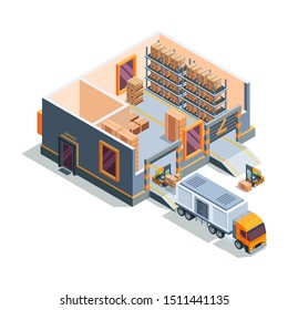 Warehouse Isometric. Big Storage House Machines Forklift Transportation And Loading Truck Warehouse Building Cross Section Vector