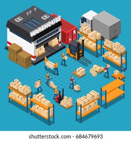 Warehouse isometric composition with employees and storage building shelves and boxes transportation on blue background vector illustration