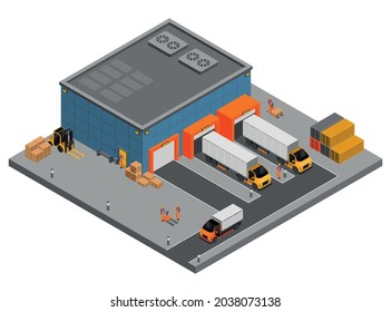 Warehouse isometric composition with view of building and gates with trucks boxes and containers with workers vector illustration