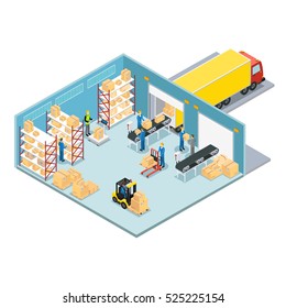 Warehouse isometric composition with working process of loading and unloading the goods and then send the truck vector illustration