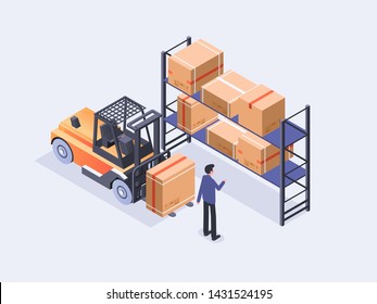 Warehouse Isometric Compositions Including Unloading Cargo, Inventory Assorting And Storage