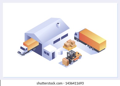 Warehouse isometric compositions including unloading cargo,truck and warehouse