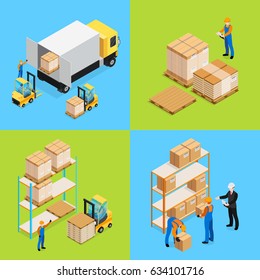Composiciones isométricas de almacén, incluidas la descarga de carga, la surtido de inventarios y el almacenamiento de mercancías ilustraciones vectoriales aisladas
