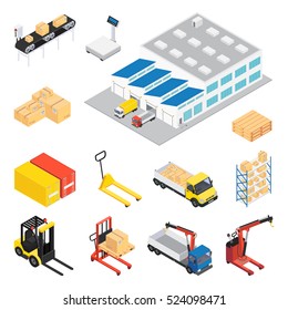 Warehouse isometric icon set with elements and attributes for creating continuous cycle of work with a load of stock vector illustration