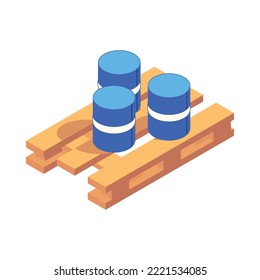 Warehouse isometric icon with three barrels on wooden pallet 3d vector illustration